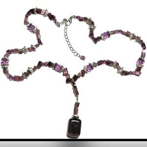 Vintage Necklace Glass Purple Bead Chip Silver Tone Rock Dangle 17'-20'